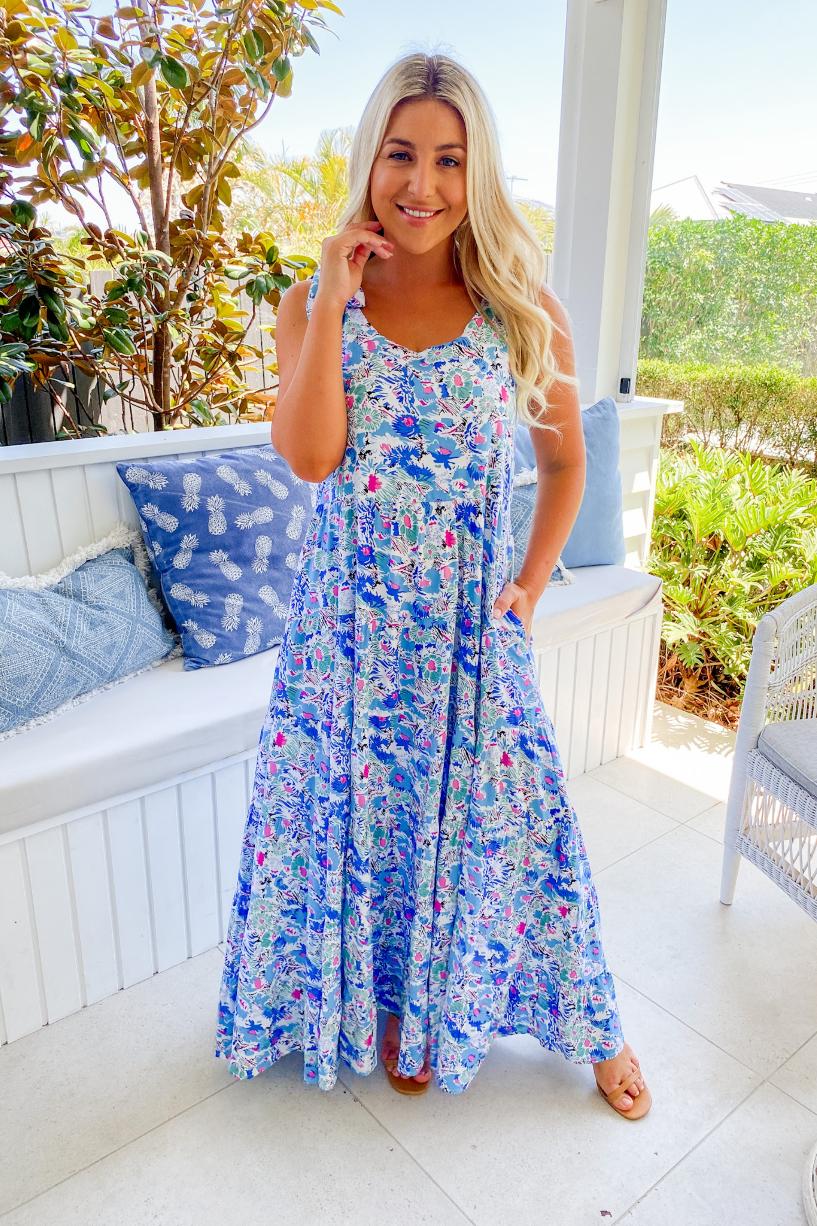 CAPRI Maxi Dress in Blue and Pink Floral