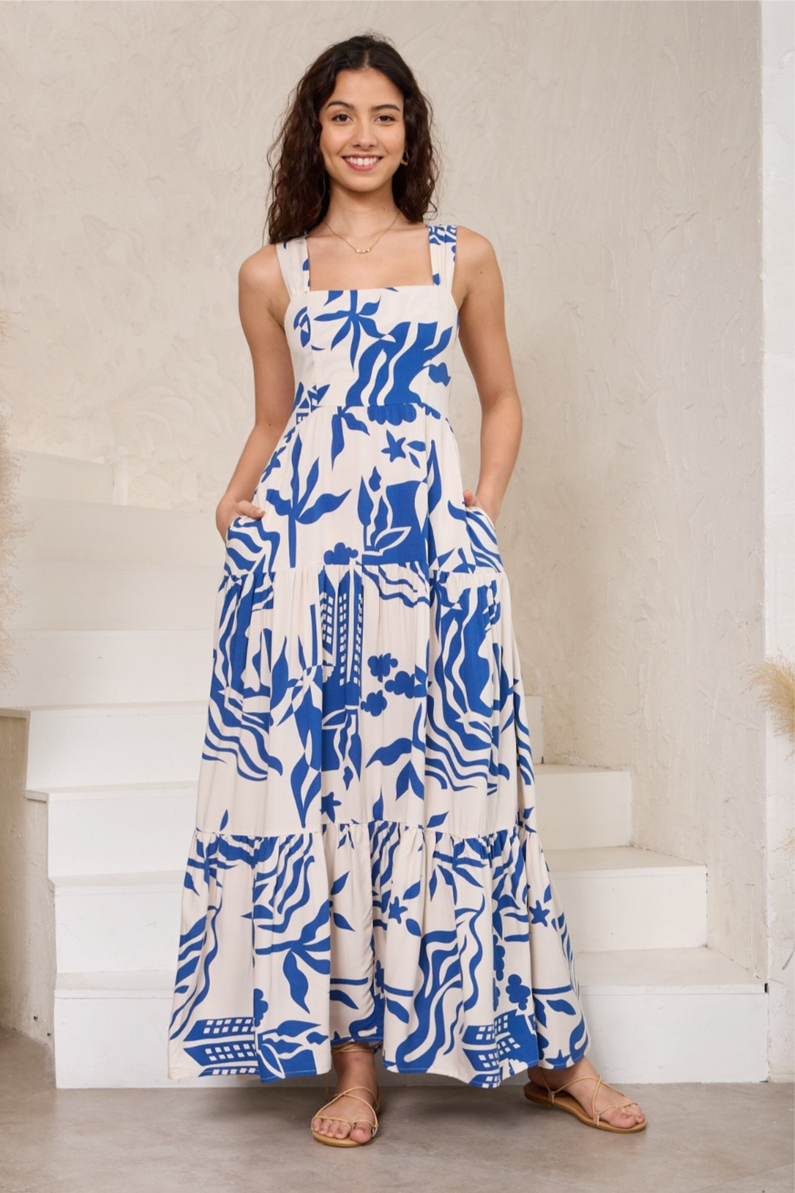 LILY Maxi Dress in Blue and Cream