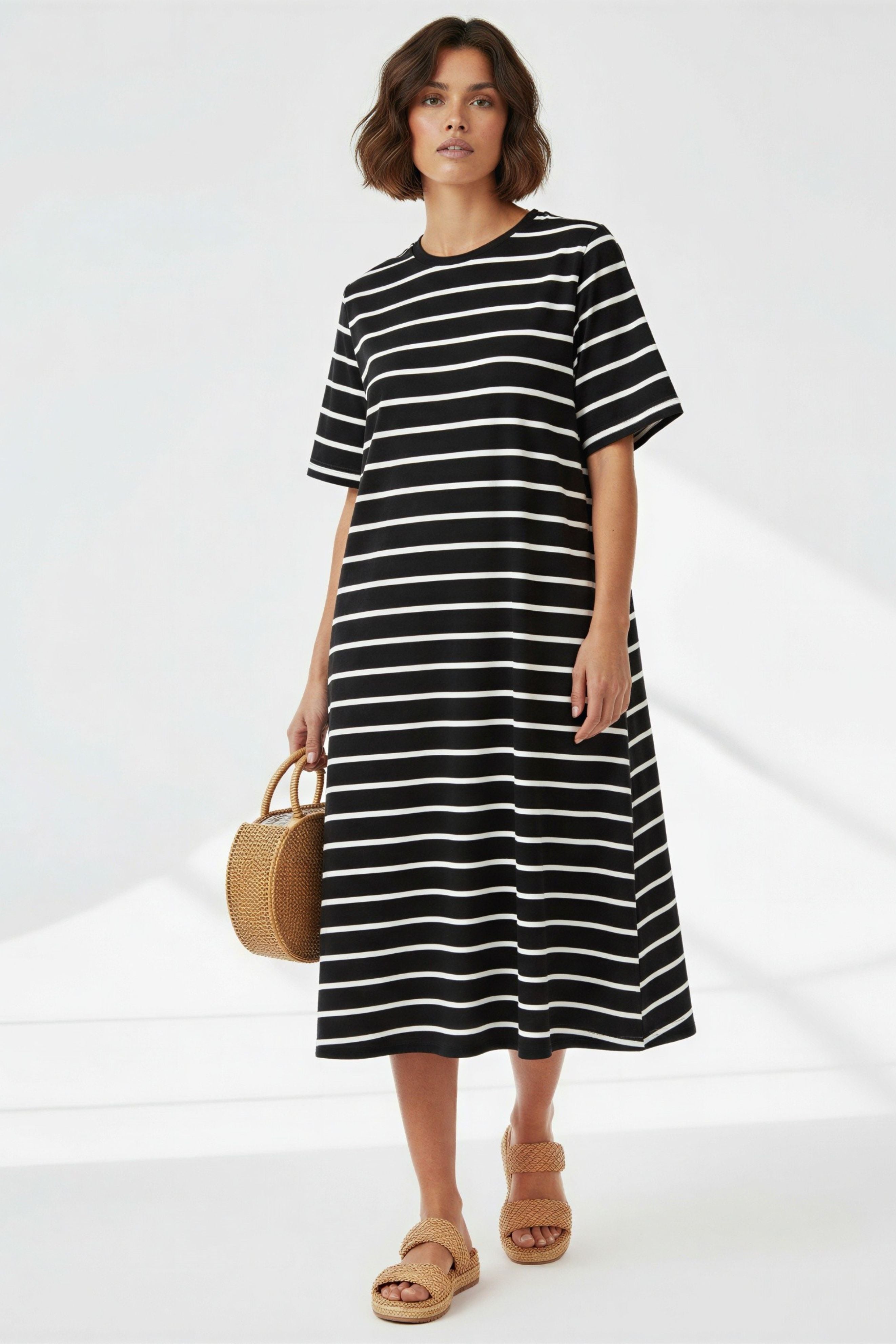 Milly Cotton Jersey Stripe Dress - Black and White