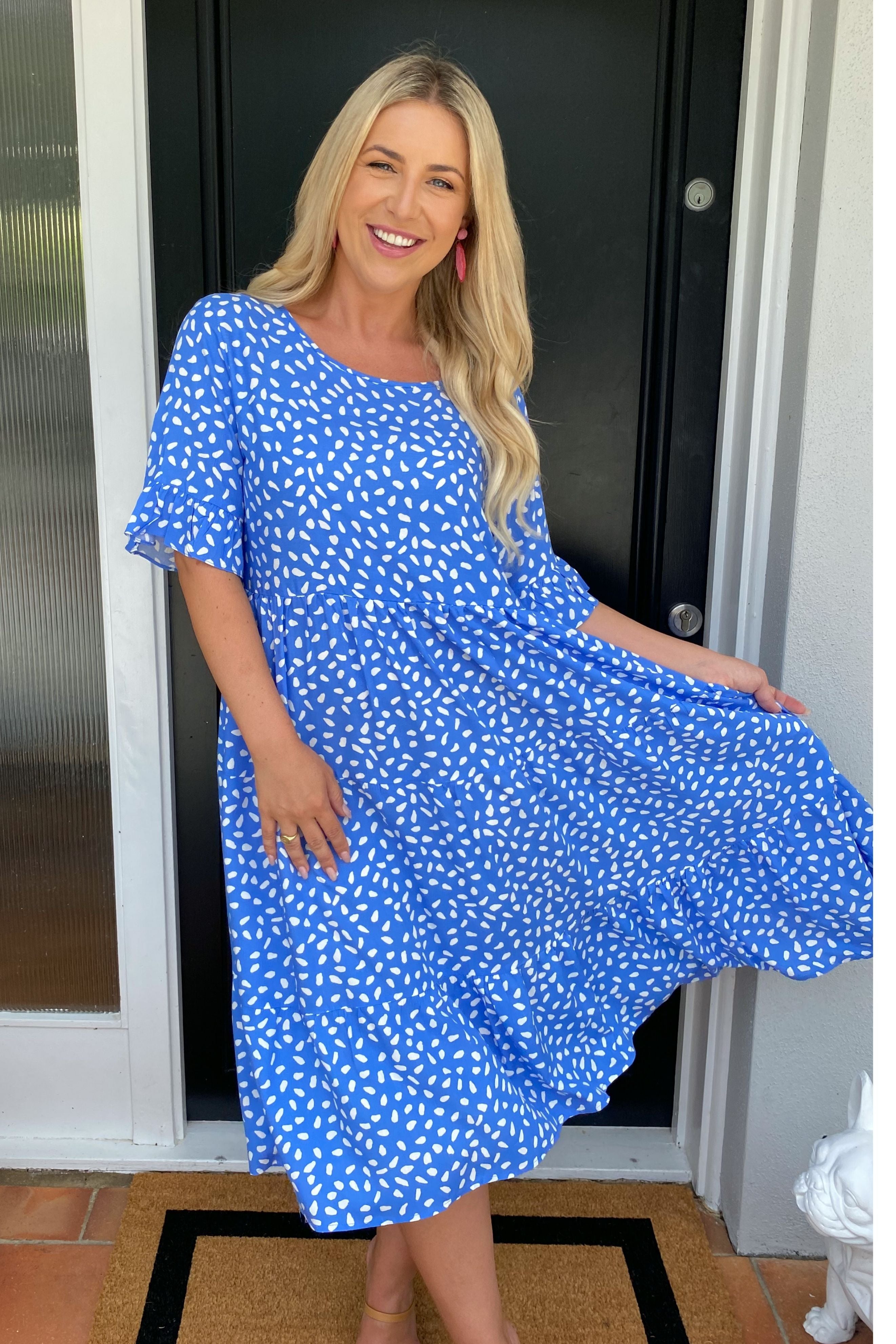 SARAH Midi Dress in Blue and White Spot Print
