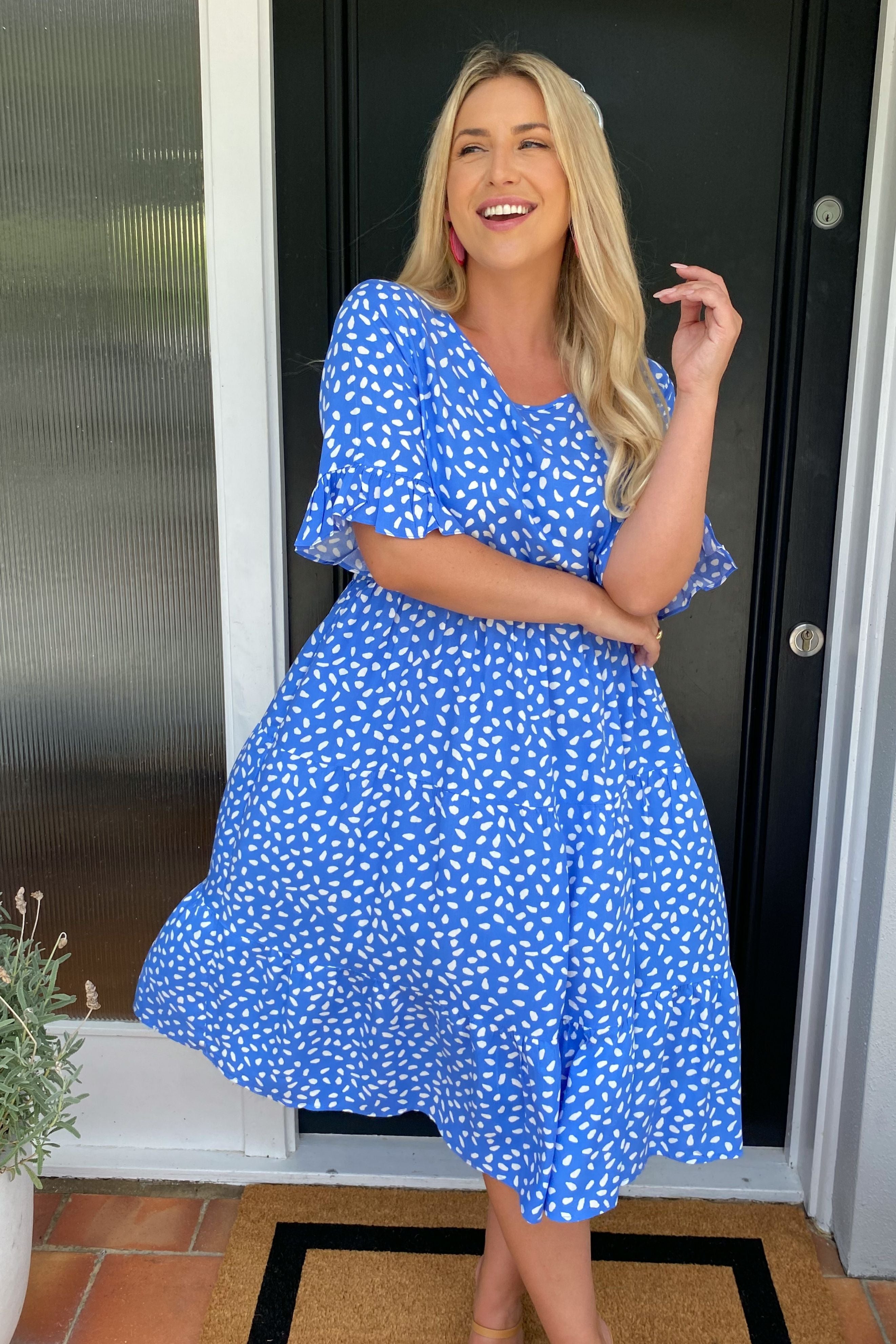SARAH Midi Dress in Blue and White Spot Print